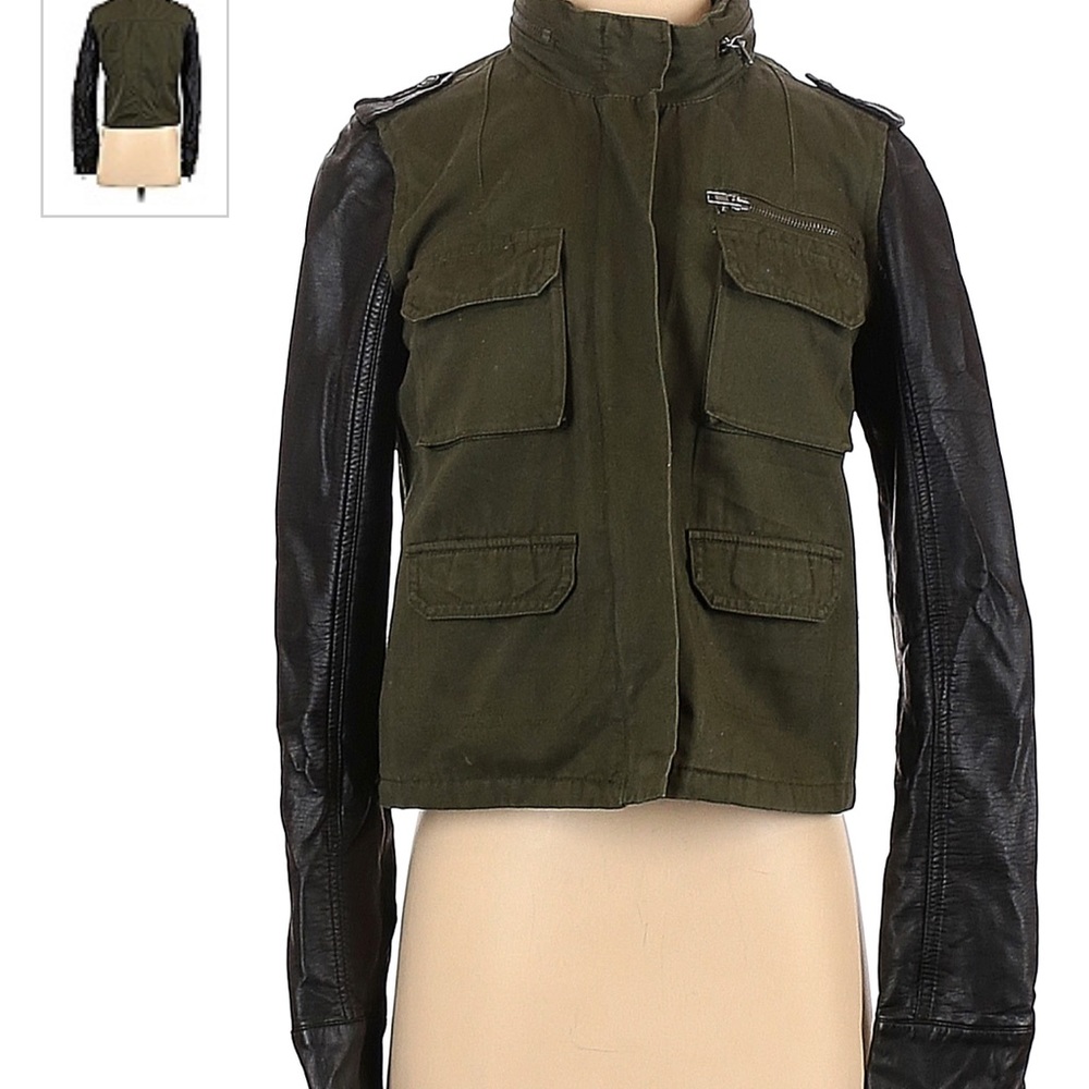 Green zip hood army jacket with leather sleeves